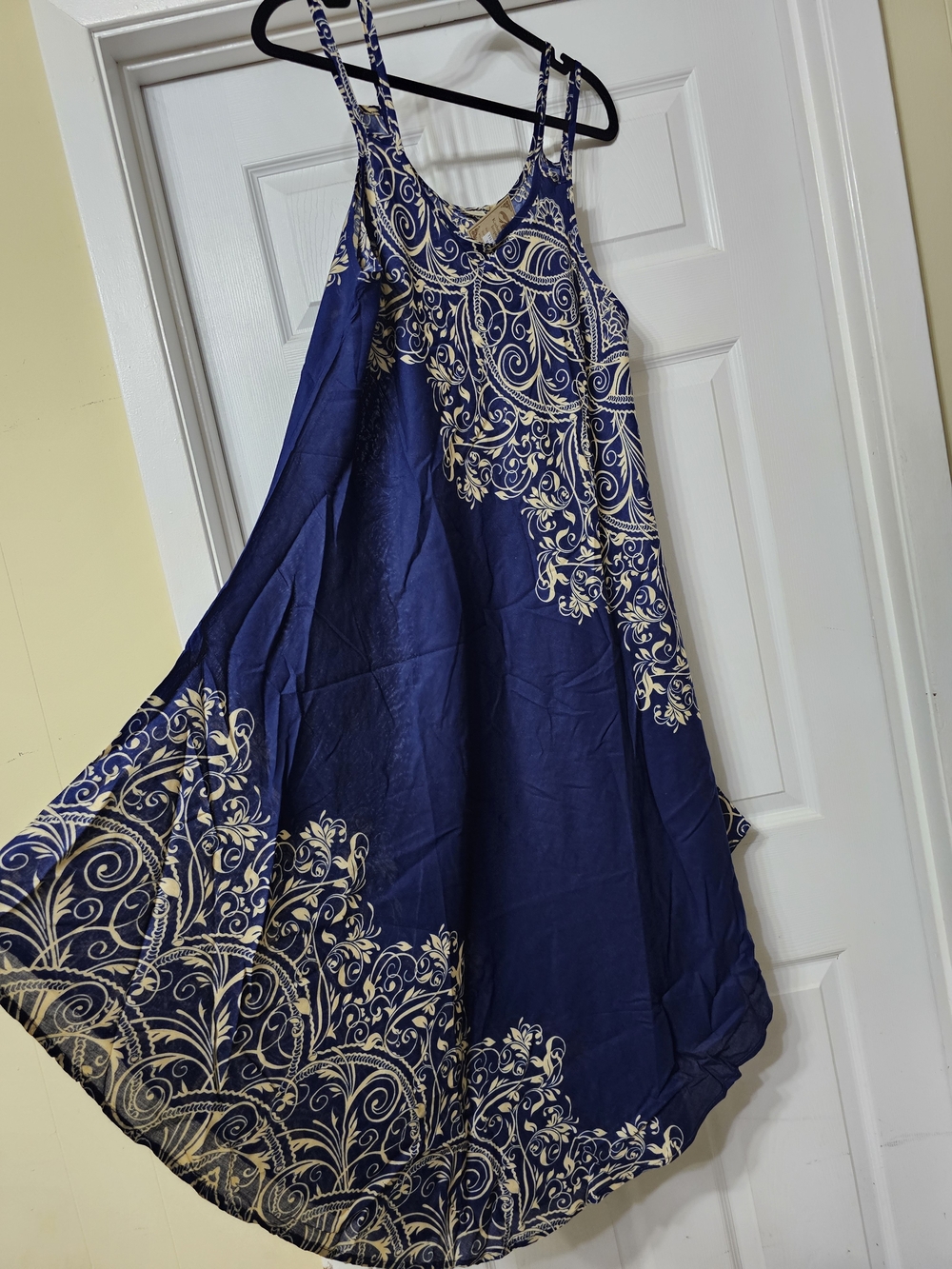 Kathmandu Navy Blue Maxi Dress with Cream Scroll Print